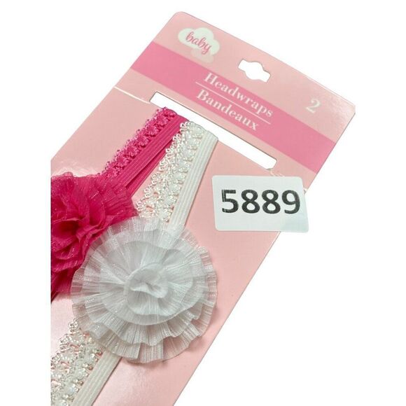 Baby Headwraps Bandeaux 2-Pack Pink & White Flower Design Elastic Soft & Comfort - Picture 2 of 3